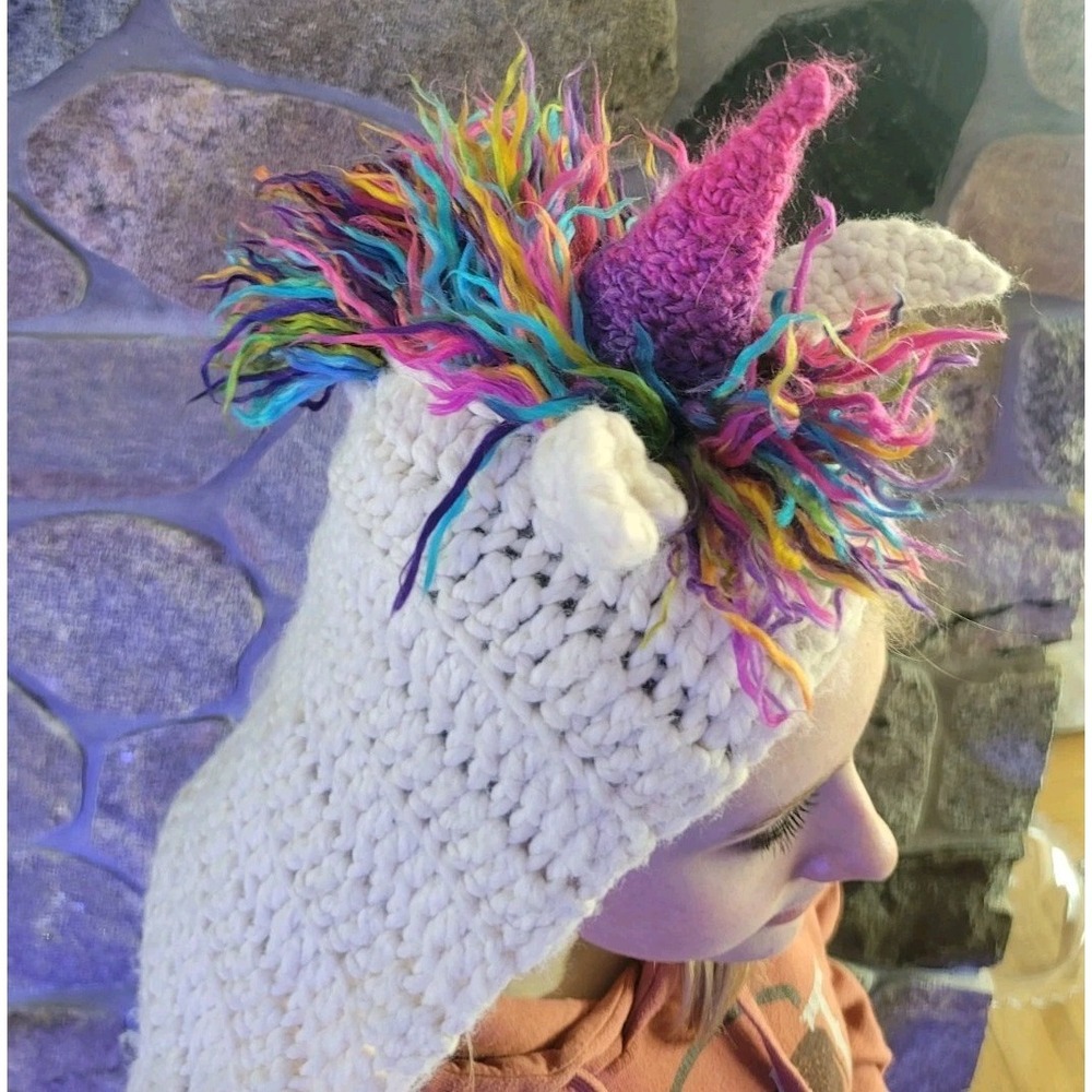 Girls‎ Knitted Unicorn Scarf Hood  with Pockets Colorful Chunky Rainbow Bright